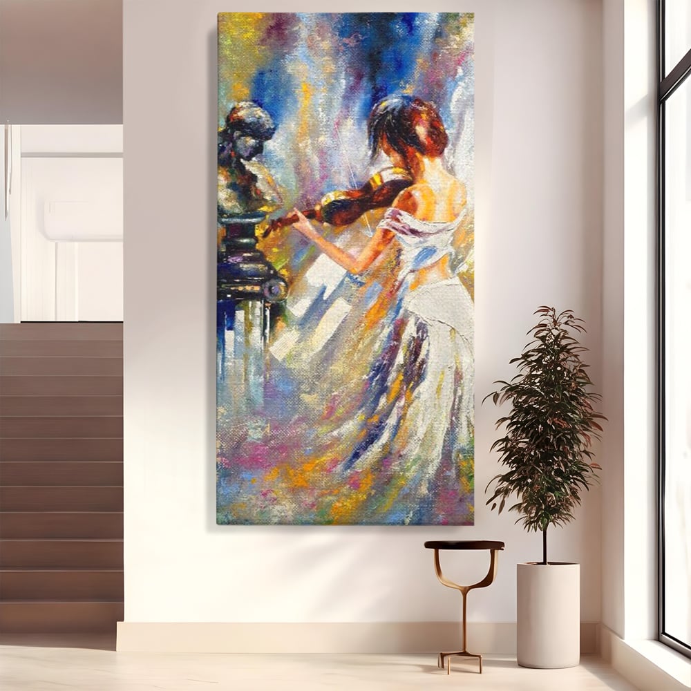 Tablou canvas cu pictura femeie cantand la vioara, fara rama, pe sasiu de lemn